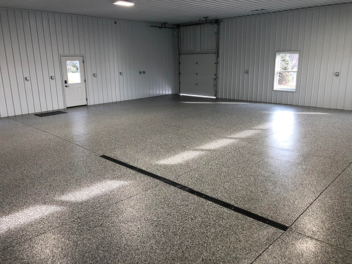 warehouse with dark floor coating